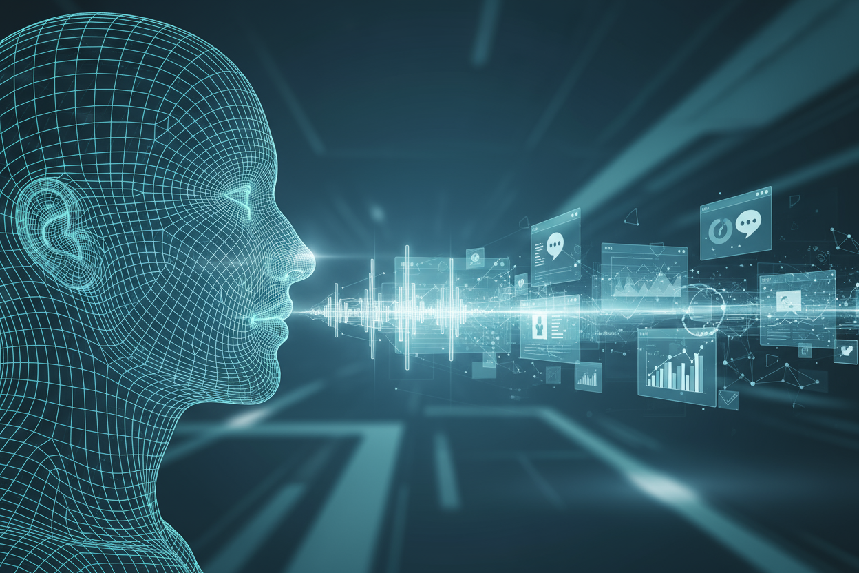 Focus on:

Cleaner, more intentional wireframe lines on the human head, with subtle gradients and light reflections that define the form, rather than purely procedural generation.

Enhanced visual clarity and definition for the emanating sound waves and data elements; they should appear as carefully crafted graphic assets, not just abstract glows. Incorporate more distinct, perhaps semi-transparent UI elements (like small windows, graphs, or icons) within the data stream, giving it a purposeful, designed fe